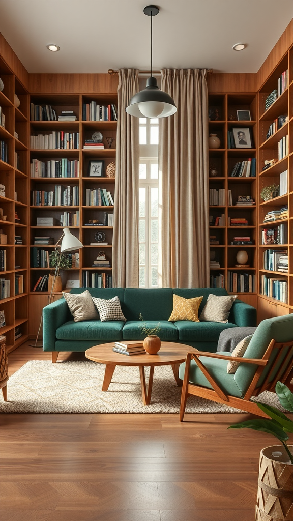 Cozy mid-century modern lounge with green sofa, bookshelves, and warm wooden accents.