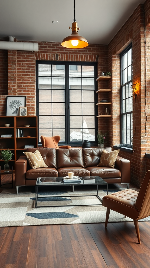 Cozy living room featuring a brown leather sofa, glass coffee table, and exposed brick walls in a mid-century modern style.