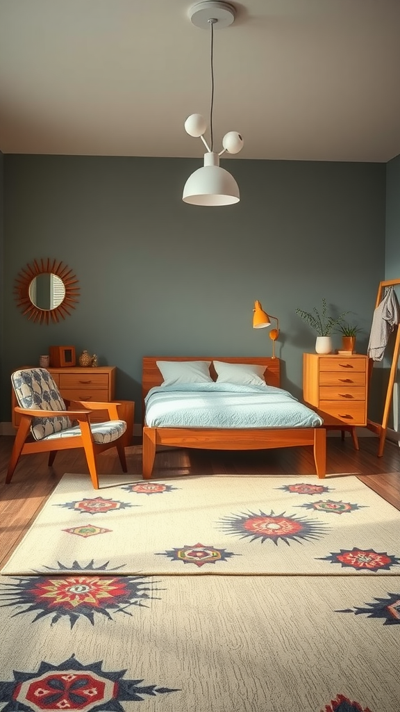 A mid-century modern bedroom featuring a wooden bed, patterned rug, stylish chair, and modern light fixture.