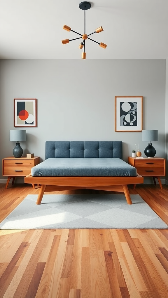 A mid-century modern bedroom featuring a stylish bed, wooden furniture, and geometric art.