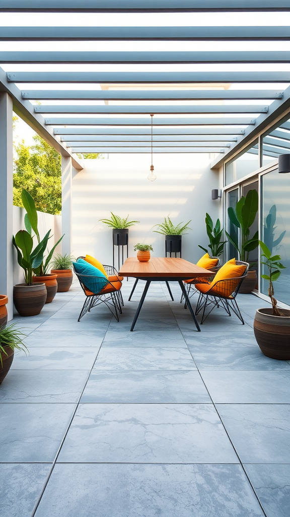 Mid-century modern concrete patio with colorful retro furniture and potted plants.