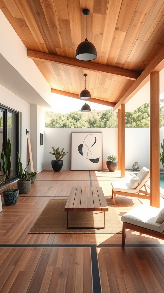 A mid-century modern covered patio featuring a wooden ceiling, elegant pendant lights, and a cozy seating arrangement with potted plants.