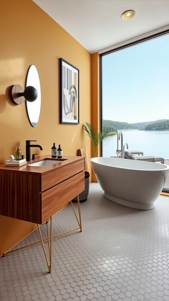 Modern bathroom with orange walls, wooden vanity, bathtub, and lake view