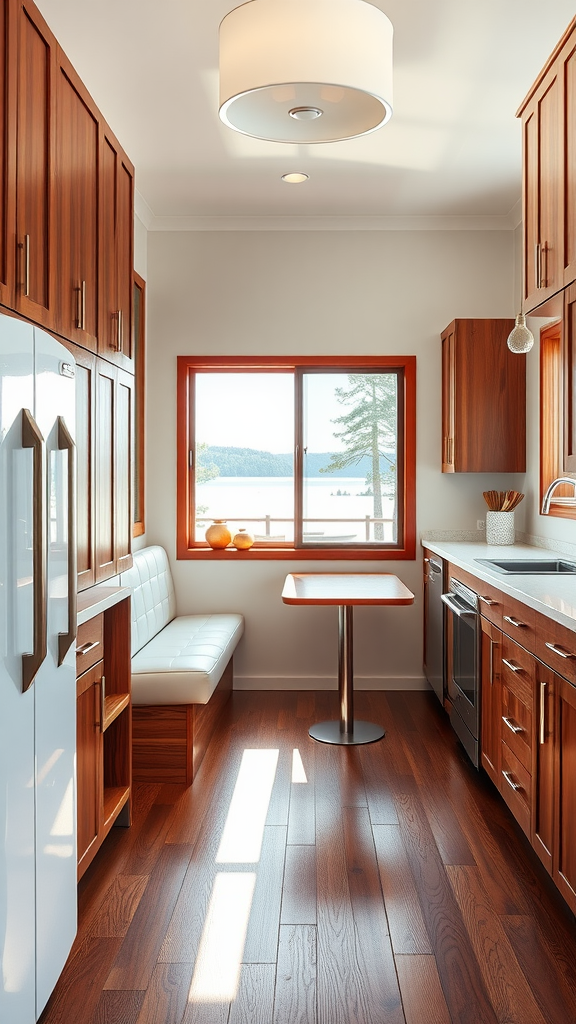 A mid-century modern kitchen featuring wooden cabinetry, a large window view of the lake, and a cozy seating area.