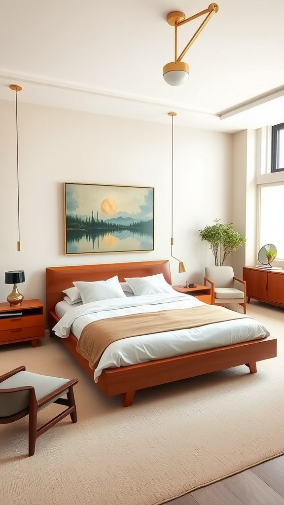 A mid-century modern luxury bedroom featuring warm wooden tones, a cozy bed, stylish lighting, and decorative elements.