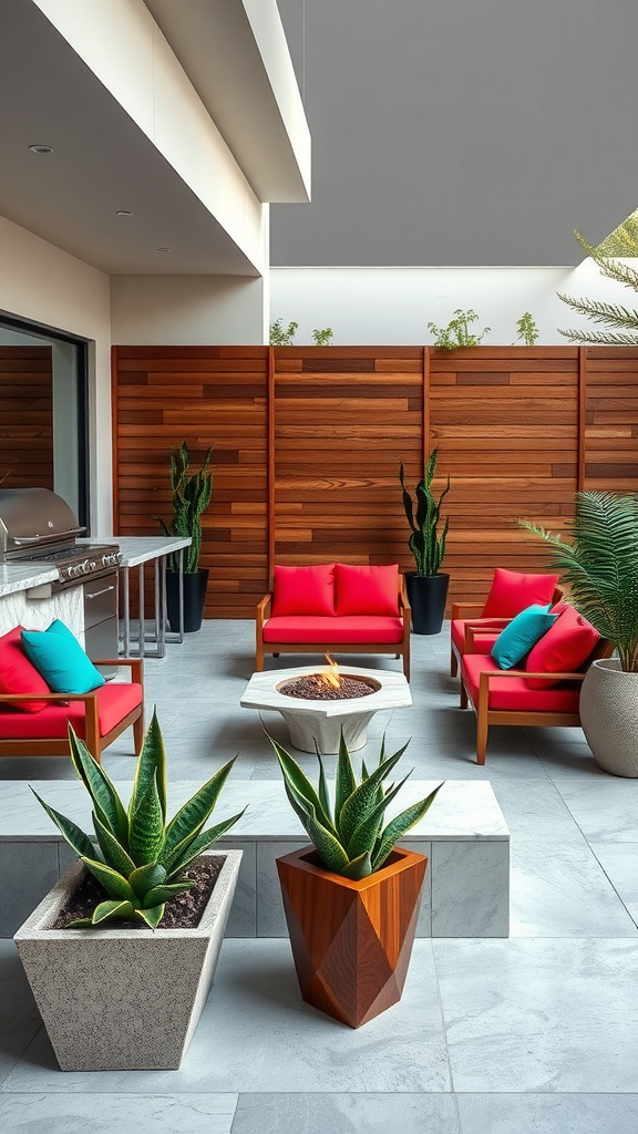 Mid-century modern outdoor kitchen patio with red chairs, grill, and fire pit surrounded by plants.