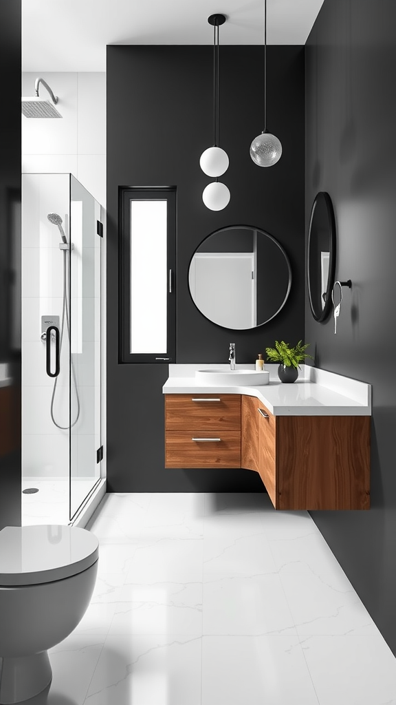 A modern black and white bathroom featuring wooden cabinetry, round mirrors, and stylish lighting.