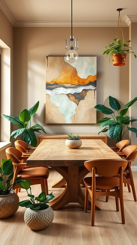 Mid-century modern dining room with wooden table, orange chairs, and green plants.