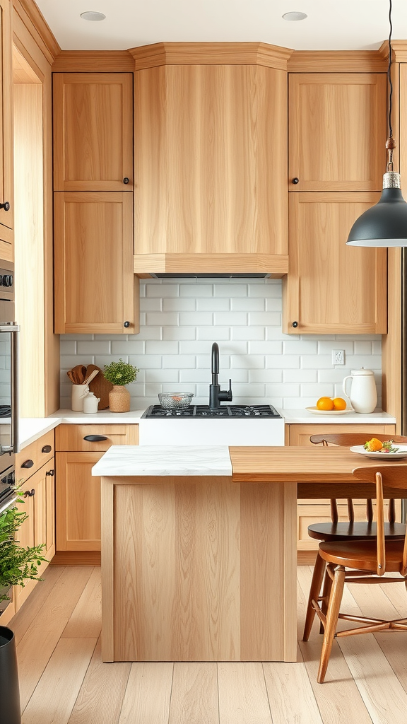 Mid century modern farmhouse kitchen featuring wood cabinets, a marble-topped island, and modern lighting.