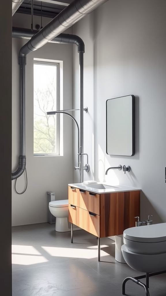 Mid-century industrial bathroom with wooden vanity and exposed pipes