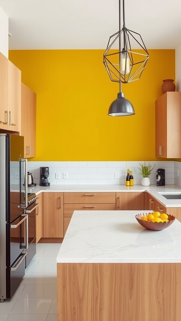 Mid-century modern kitchen with yellow accent wall and wood cabinetry