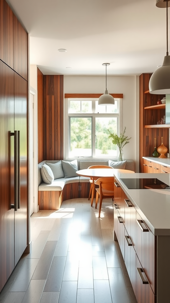 A mid-century modern kitchen featuring a built-in dining area with a curved bench, round table, and warm wood tones.