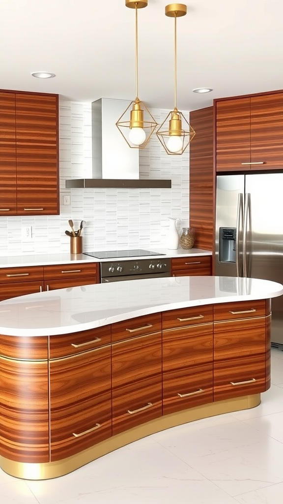 A mid-century modern kitchen featuring a curved island, rich wood cabinets, white countertop, and gold accents.