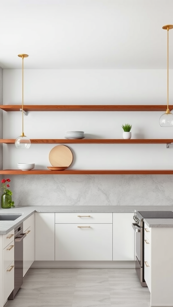 A modern kitchen with floating wooden shelves, white cabinets, and stylish pendant lighting.