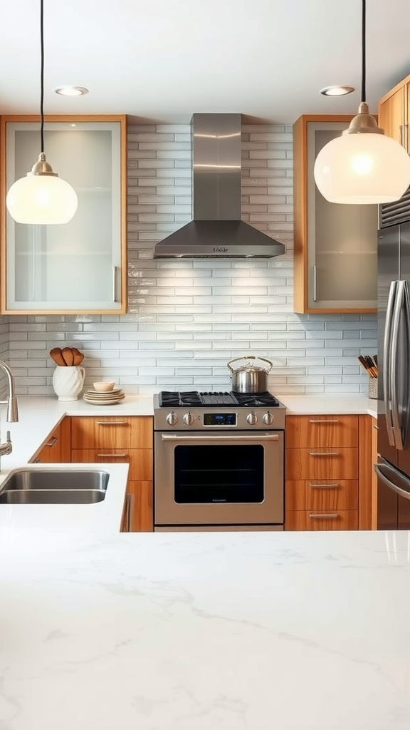 A Mid Century Modern kitchen featuring wooden cabinets, glass accents, stainless steel appliances, and pendant lighting.