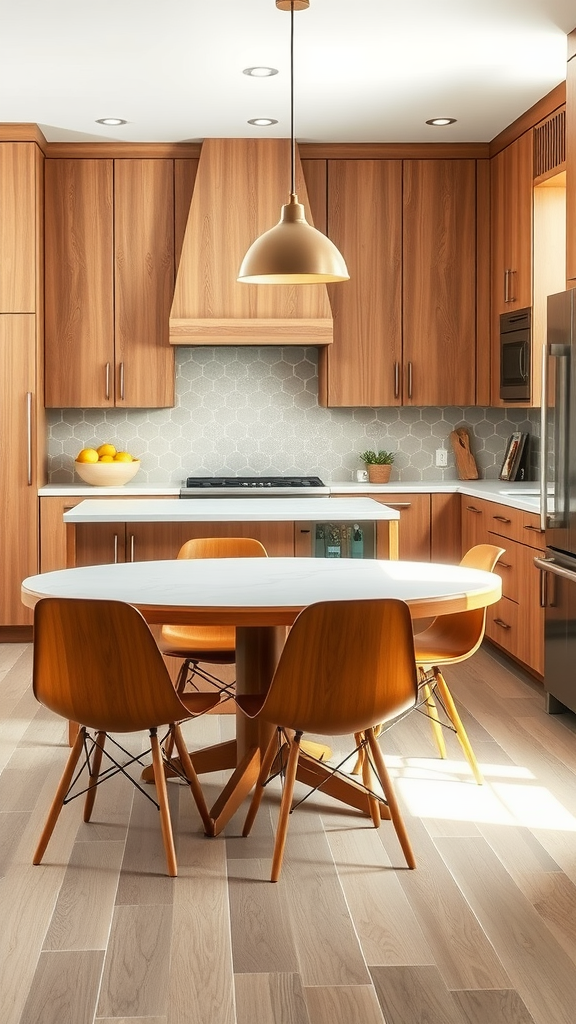 Mid-century modern kitchen featuring warm wood cabinetry, a round table with Eames chairs, and a stylish pendant light.