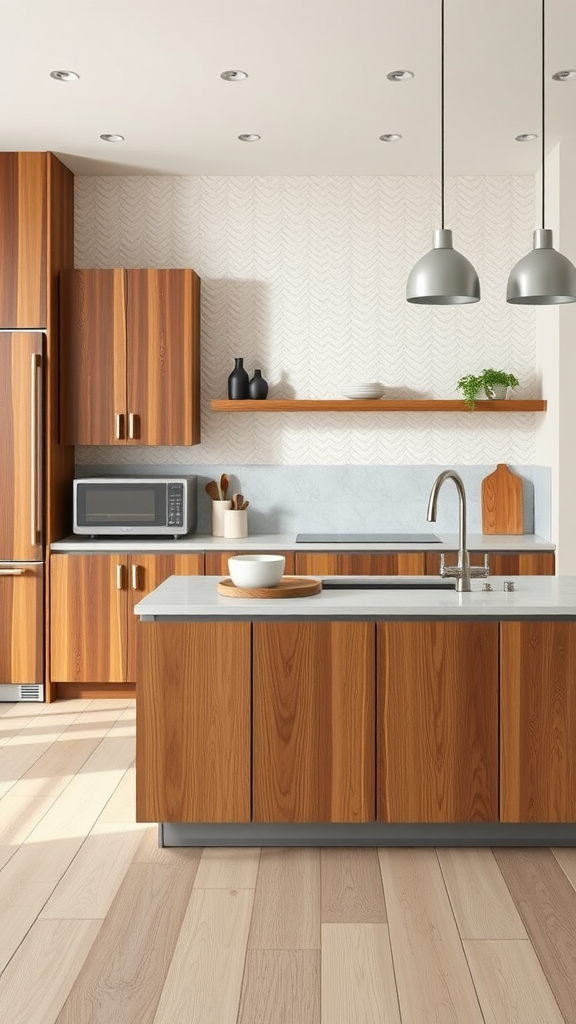 A modern kitchen featuring textured wood cabinets, a sleek island, open shelving, and stylish lighting.