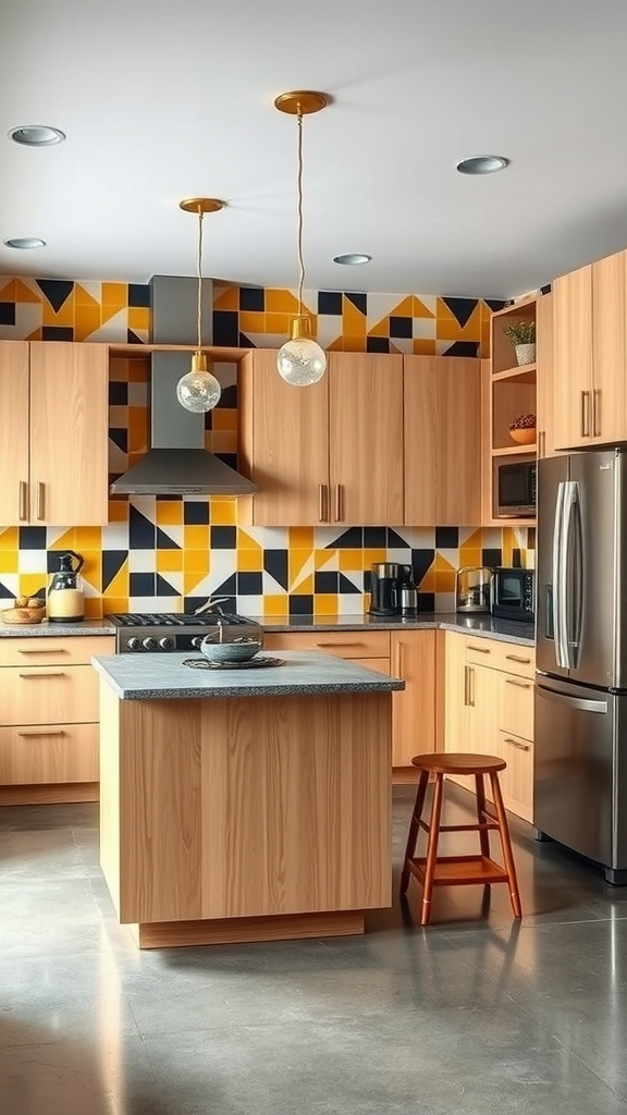 Mid century modern kitchen featuring a colorful tile backsplash with geometric patterns, wooden cabinets, and contemporary lighting.