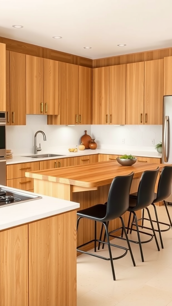 A warm neutral mid-century modern kitchen featuring wooden cabinets, a light marble countertop, and sleek bar stools.