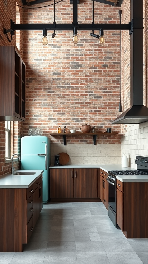 A stylish mid-century modern loft-style kitchen featuring exposed brick walls, wooden cabinets, an aqua refrigerator, and industrial lighting.