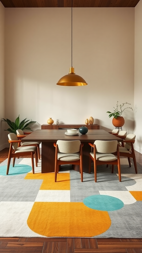 Mid century modern dining room featuring a large statement rug with geometric patterns in orange and teal under a wooden dining table and stylish chairs.