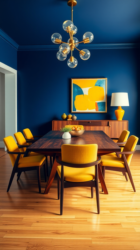 Mid-century modern dining room featuring bold blue walls, yellow chairs, and a wooden table.