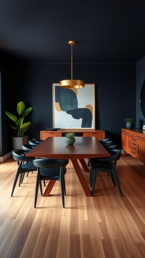 Mid-century modern dining room featuring a dark accented wall, wooden dining table, black chairs, and modern lighting.