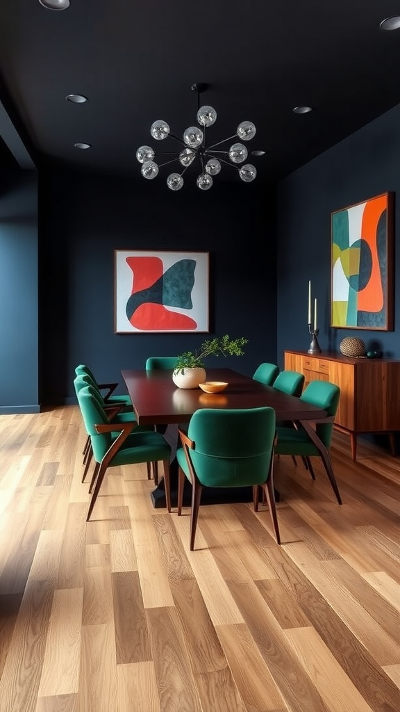 Mid century modern dining room with dark walls, vibrant green chairs, wooden table, and dramatic chandelier.