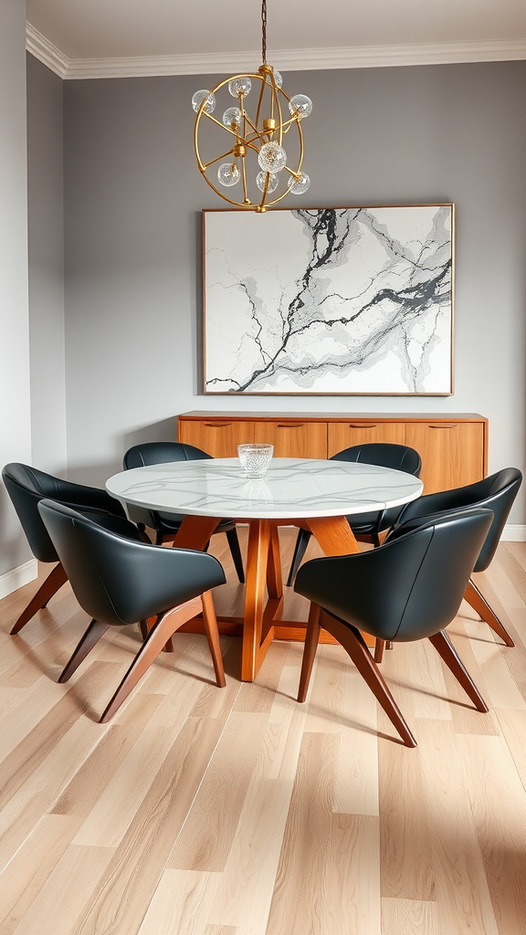 A mid-century modern dining room featuring a round marble table with a wooden base, black leather chairs, a gold chandelier, and abstract wall art.