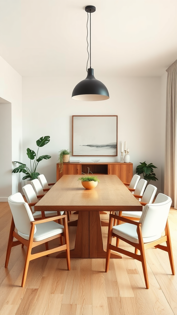 Mid century modern dining room featuring a wooden table, white chairs, and plants, with a modern pendant light overhead.