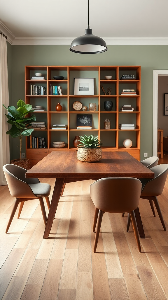 Mid century modern dining room featuring open shelving, a wooden table, and comfortable chairs.