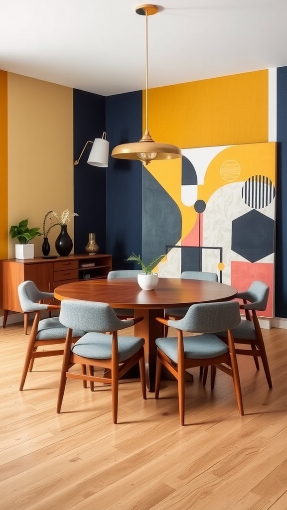 Mid-century modern dining room featuring bold geometric wallpaper and a round wooden table with blue chairs.