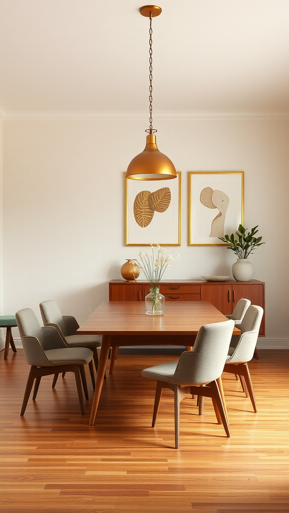 Mid century modern dining room with wooden table, comfortable chairs, and textured walls