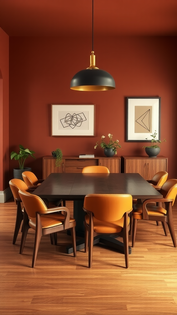 Mid Century Modern dining room featuring warm leather accents, wooden furniture, and geometric art.