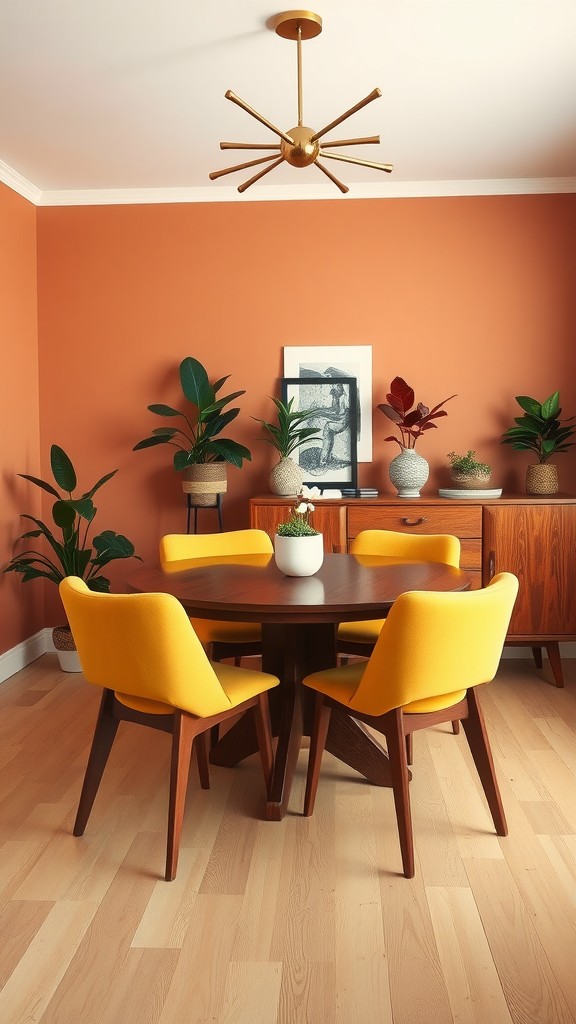 Mid-century modern dining room featuring warm tones, yellow chairs, and potted plants.