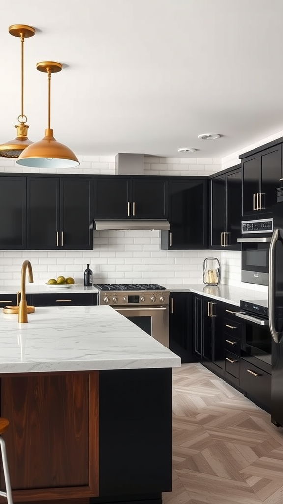 A mid-century modern kitchen featuring black cabinetry, marble countertops, and gold accent lighting.