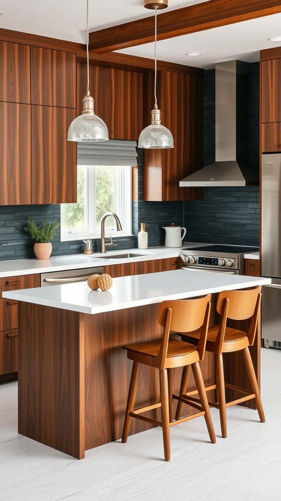 Mid-century modern kitchen featuring dark wood cabinets, a white countertop, and stylish pendant lighting.