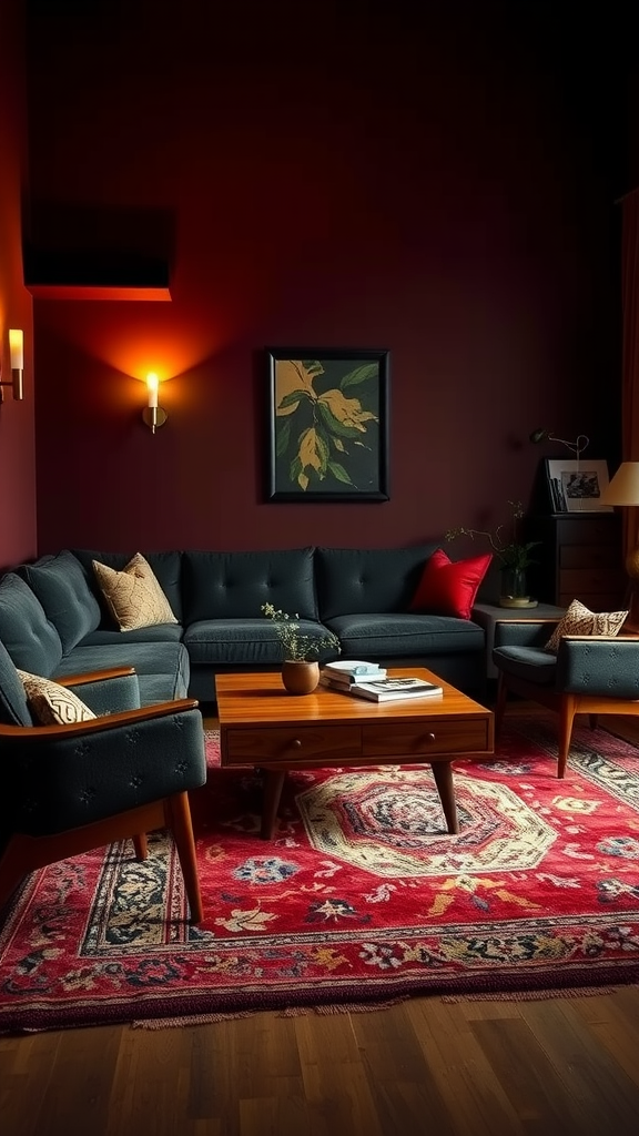 Cozy mid-century modern living room with warm lighting, featuring a dark wall, a sectional sofa, and a decorative rug.