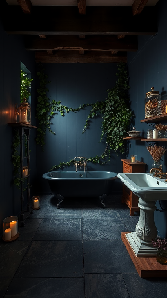 A dark cottagecore bathroom featuring a vintage bathtub, navy walls, ivy, and soft candlelight.