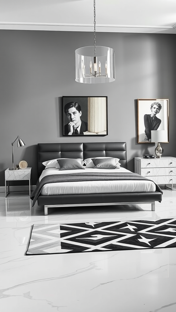 Stylish modern bedroom featuring a leather bed, sleek furniture, and black and white decor