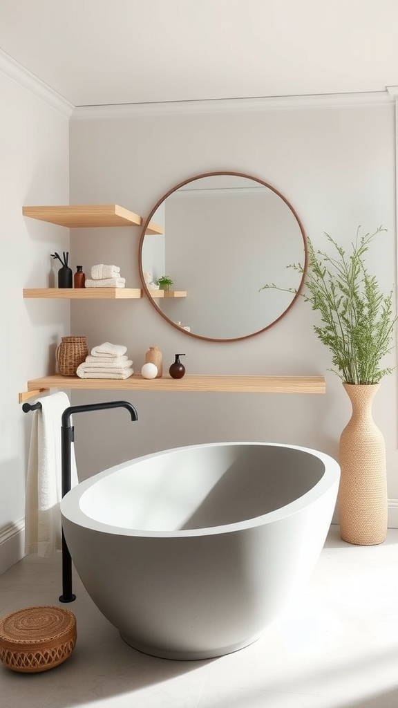 Minimal boho bathroom featuring a freestanding tub, wooden shelf, round mirror, and decor plants.