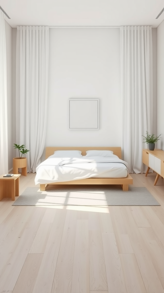 Minimalist bedroom with neutral tones, featuring wooden furniture and soft curtains