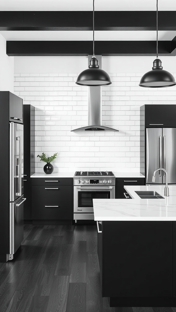 A minimalist black and white kitchen featuring sleek cabinets, white subway tiles, and stainless steel appliances.