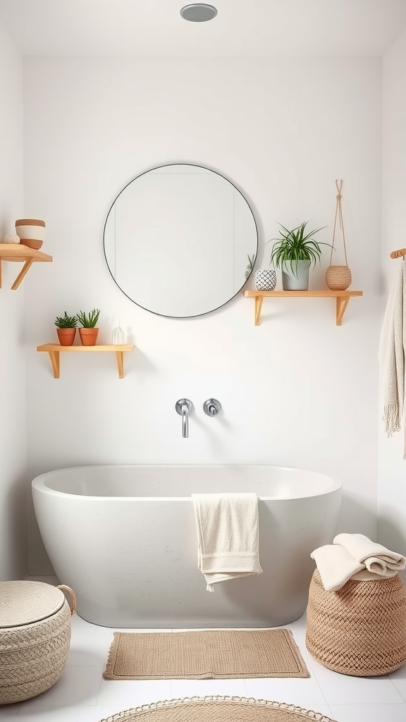 A minimalist boho bathroom featuring a freestanding tub, wooden shelves with plants, and natural textures.