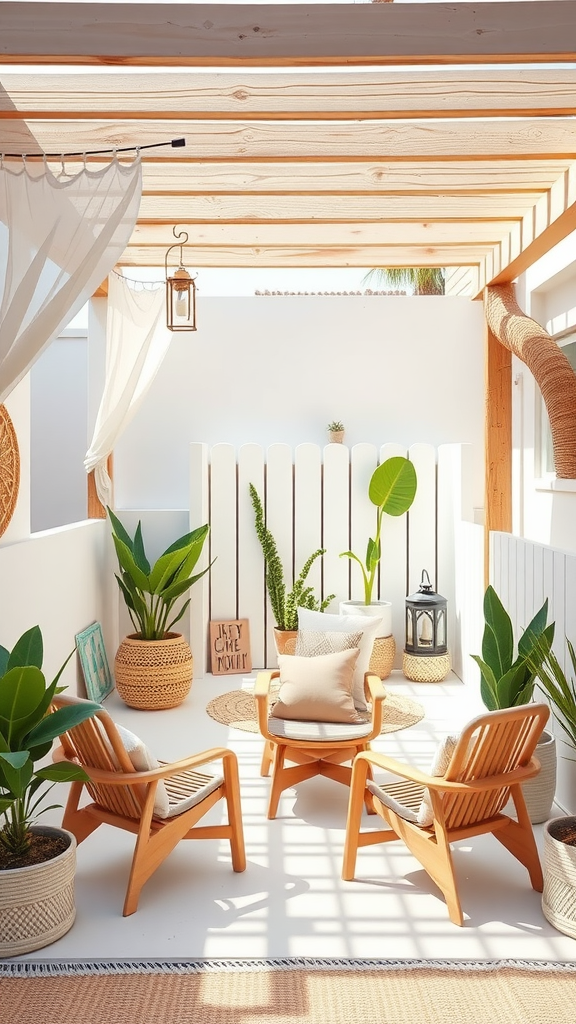 A minimalist boho patio featuring light wooden chairs, lush green plants, and soft white curtains.