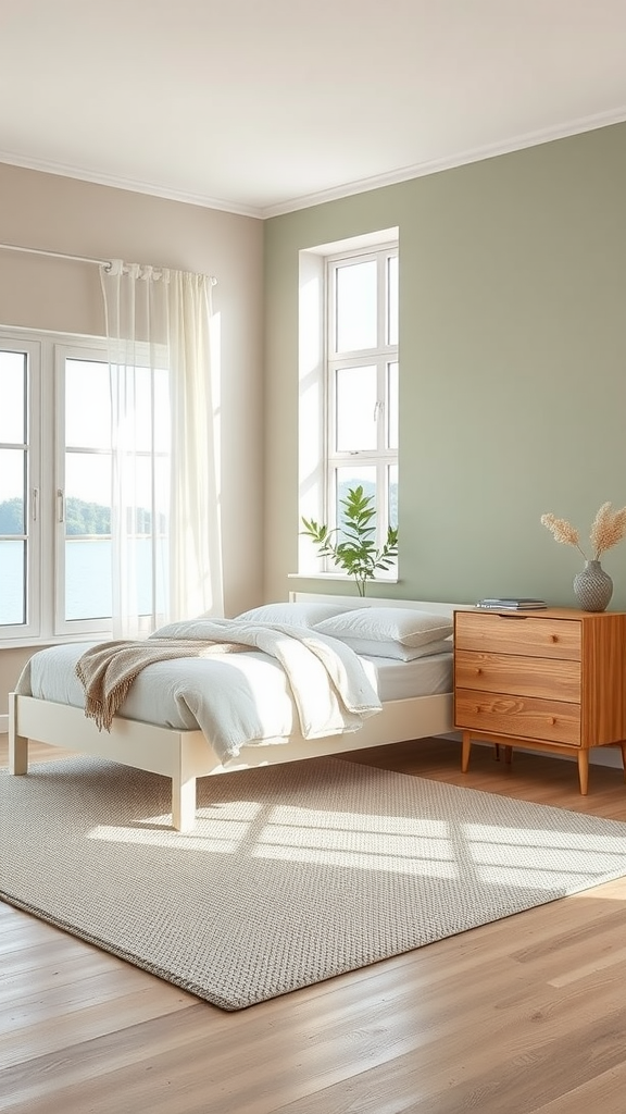 A minimalist countryside bedroom with a white bed, wooden nightstand, and large windows letting in natural light.