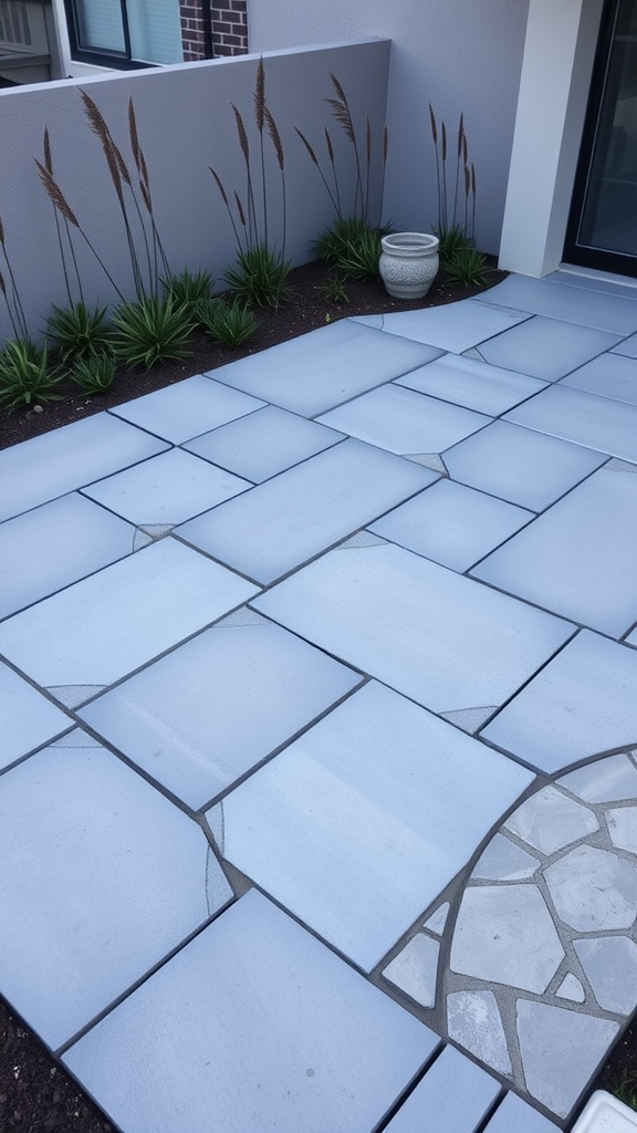 Minimalist flagstone patio with light gray stones and surrounding plants