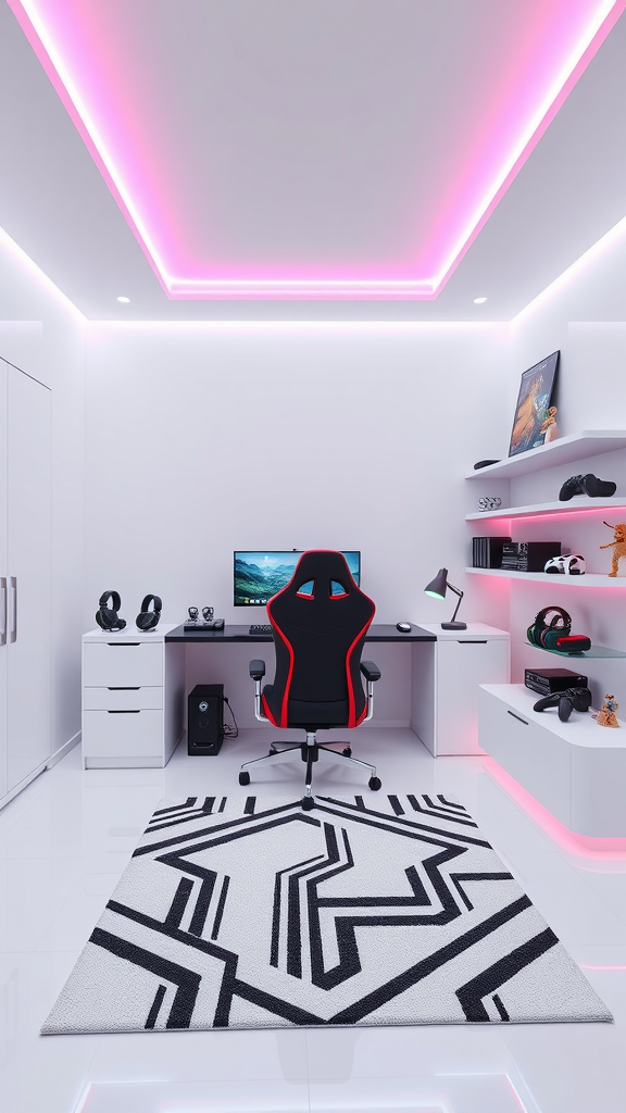 Modern minimalist gamer bedroom with a sleek design, featuring a gaming chair, desk, and LED lighting.