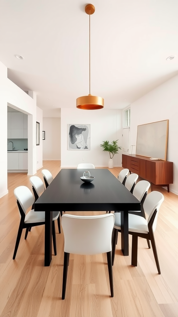 Minimalist mid-century modern dining room with black table, white chairs, pendant light, and wooden sideboard.