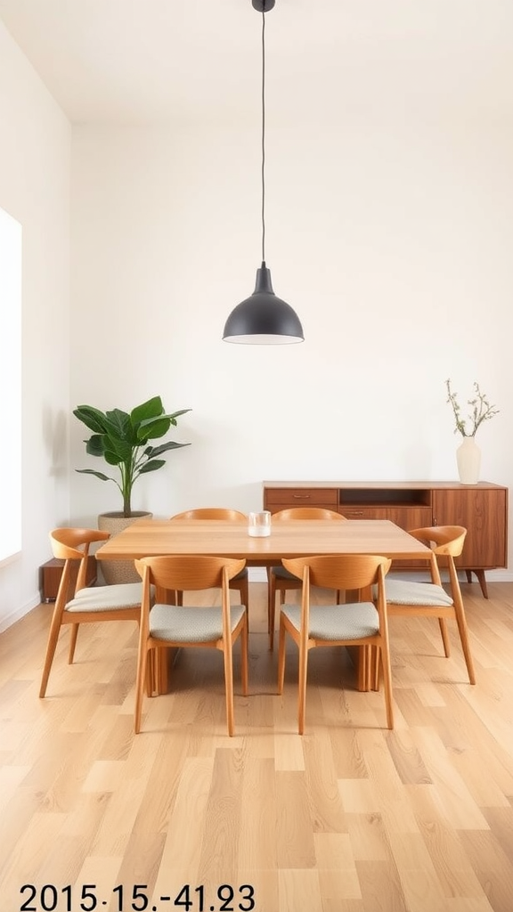 Minimalist mid century modern dining room with wooden table, black pendant light, and potted plant.